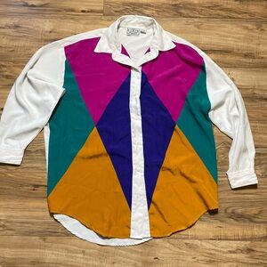 Kyoto Geometric Vibrant Long Sleeve Button Down Blouse Size Small Unisex